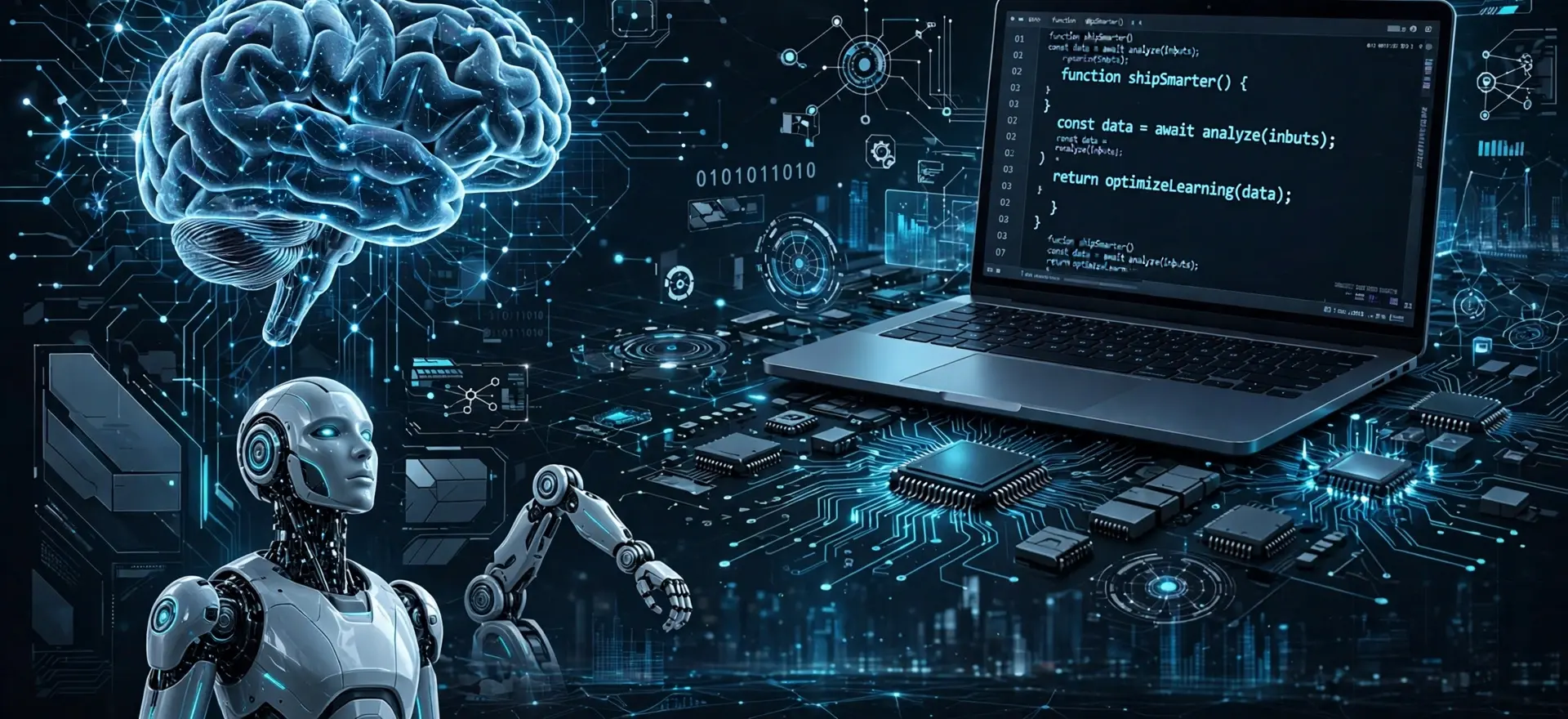 Futuristic AI workspace with a connected digital brain, coding laptop, processor and humanoid robot