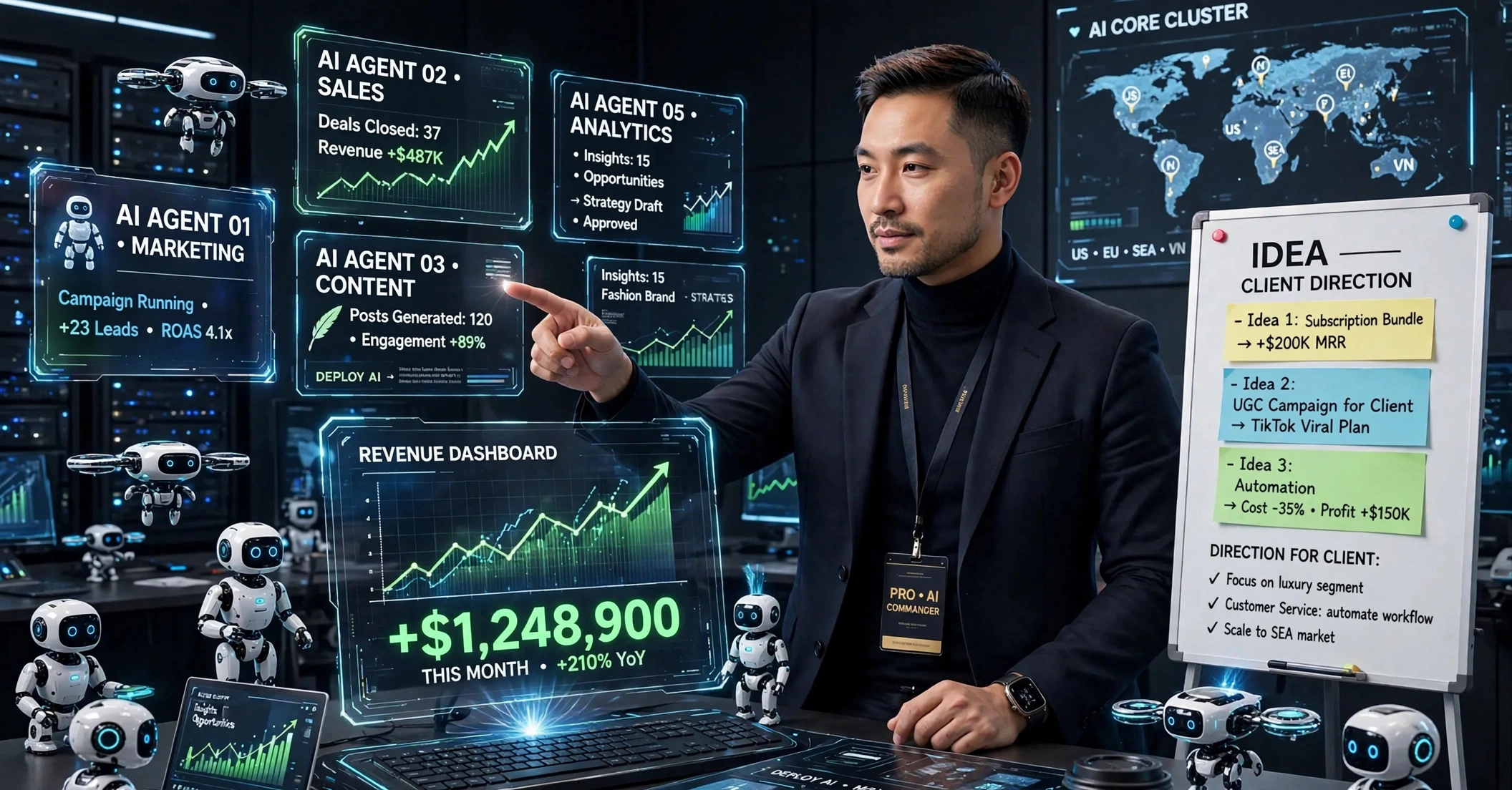 AI leader directing many specialized robot agents, revenue systems and customer strategy